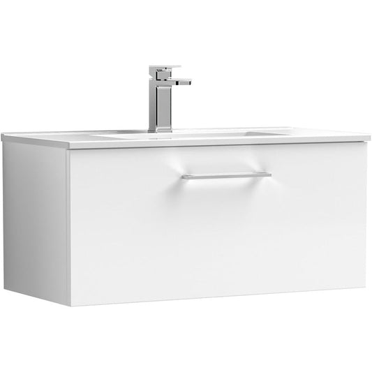 nuie Arno Single Drawer Wall Hung Vanity Unit Gloss White 800mm With Minimalist Basin