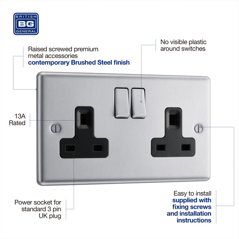 BG Brushed Steel 13A DP Black Insert Switched Socket