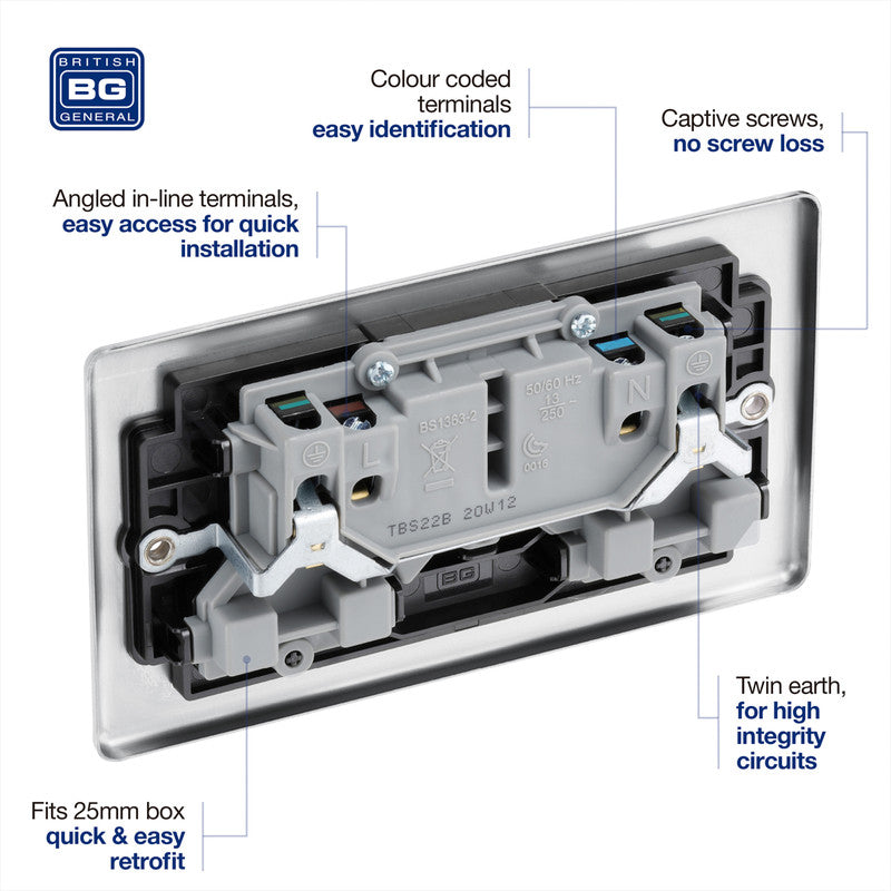 BG Brushed Steel 13A DP Black Insert Switched Socket
