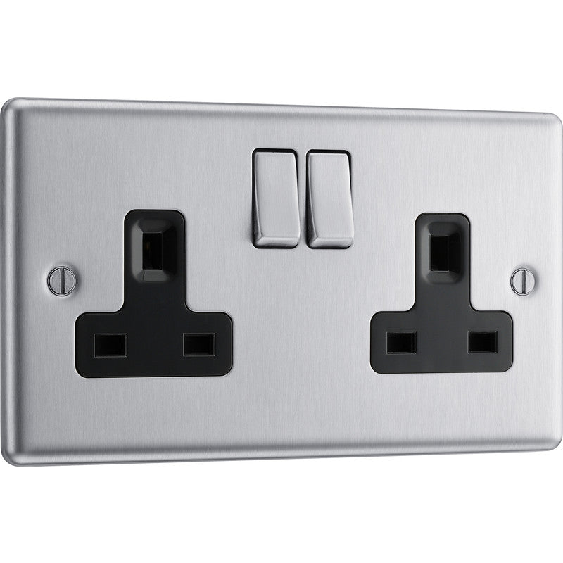 BG Brushed Steel 13A DP Black Insert Switched Socket