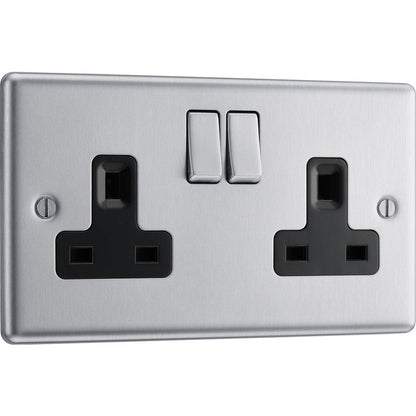 BG Brushed Steel 13A DP Black Insert Switched Socket
