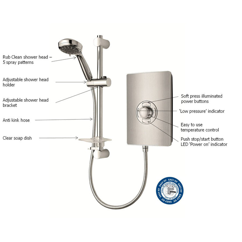 Triton Collection Electric Shower Brushed Steel