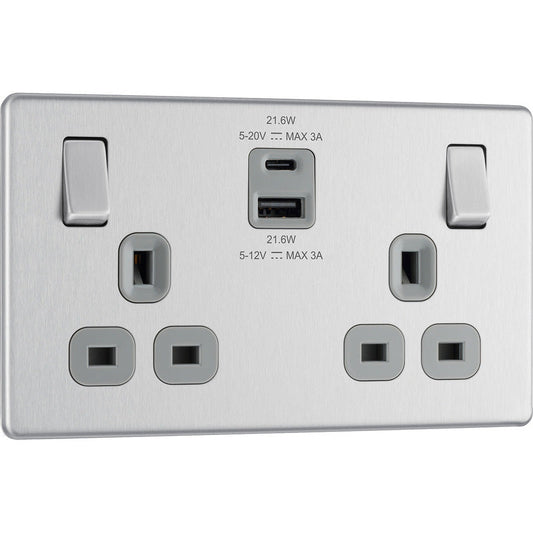 Screwless Brushed Steel 2-Gang USB A+C Socket – 22W Fast Charge