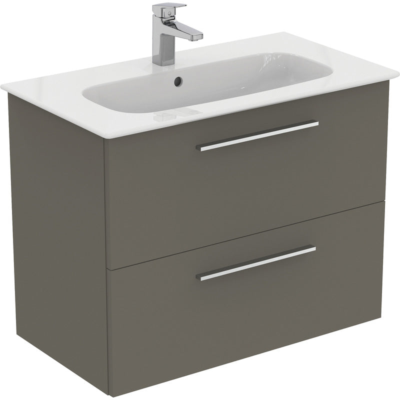 Ideal Standard i.life A Double Drawer Wall Hung Vanity Unit with Basin Matt Quartz Grey  with Brushed Chrome Handles