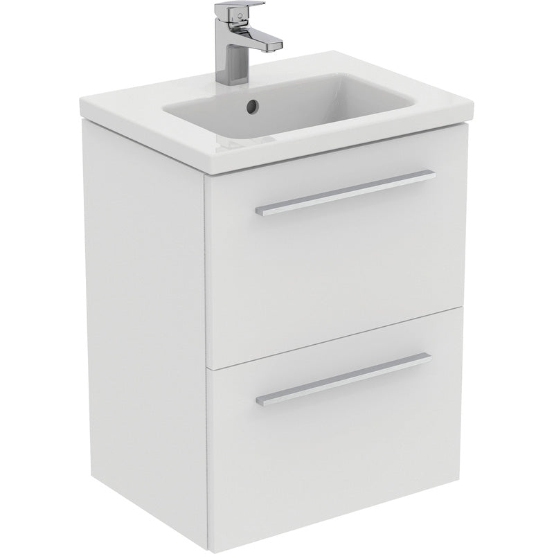 Ideal Standard i.life S Compact Wall Hung Vanity Unit with Basin Matt White  with Brushed Chrome Handles