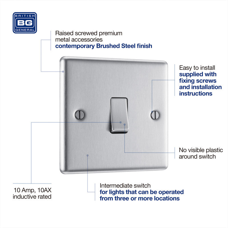 BG Brushed Steel Switch 1 Gang Intermediate 10A