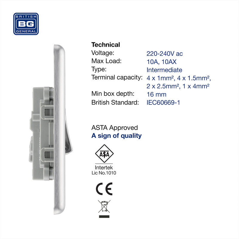 BG Brushed Steel Switch 1 Gang Intermediate 10A