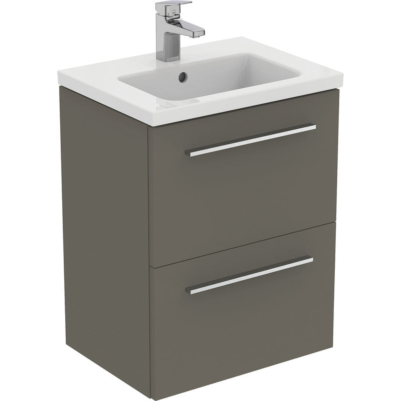 Ideal Standard i.life S Compact Wall Hung Vanity Unit with Basin Matt Quartz Grey with Brushed Chrome Handles