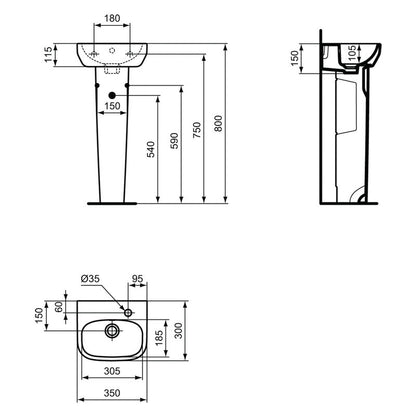 Ideal Standard i.life Cloakroom Basin and Pedestal  1 Tap Hole