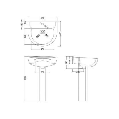 nuie Melbourne Basin & Pedestal 550mm 1 Tap Hole