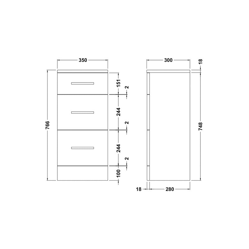 nuie Mayford 3 Drawer Compact Floorstanding Unit Gloss White 350mm