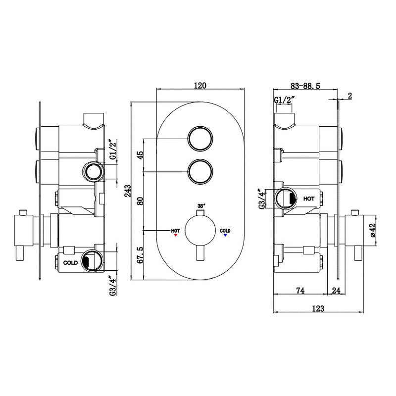 Deva Aston Push Button Two Outlet Thermostatic Shower Valve