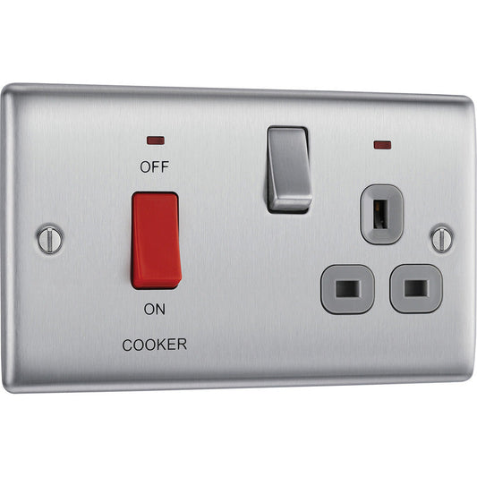 BG Nexus Metal Brushed Steel 45A Cooker Switch & 13A DP Switched Socket 2 Gang + Neons CCU