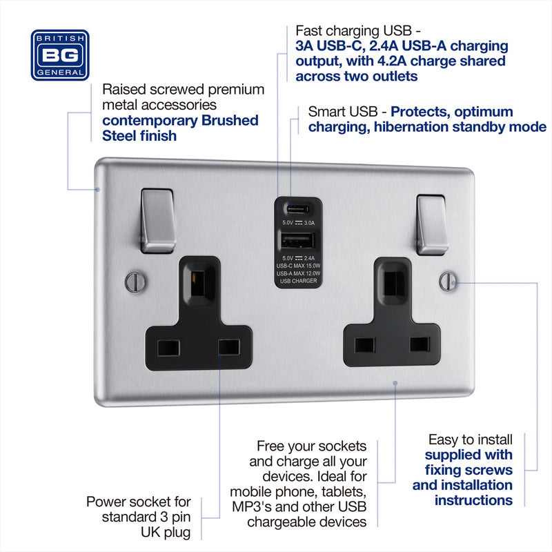 BG Brushed Steel 13A Black Insert Switched Socket + A & C Type USB 2 Gang + 2 USB (4.2A)