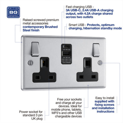 BG Brushed Steel 13A Black Insert Switched Socket + A & C Type USB 2 Gang + 2 USB (4.2A)