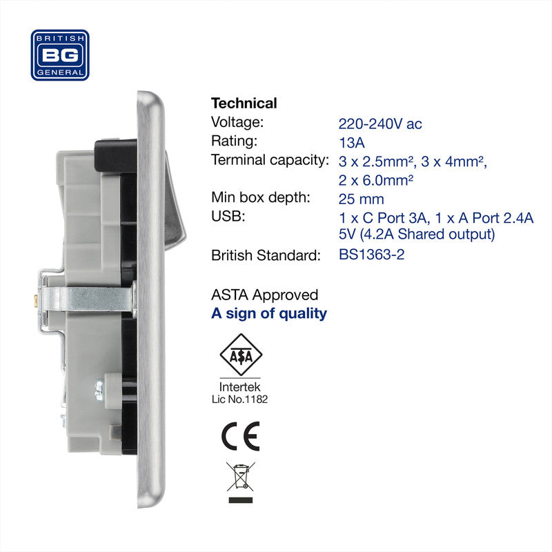 BG Brushed Steel 13A Black Insert Switched Socket + A & C Type USB 2 Gang + 2 USB (4.2A)