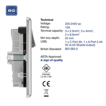 BG Brushed Steel 13A Black Insert Switched Socket + A & C Type USB 2 Gang + 2 USB (4.2A)