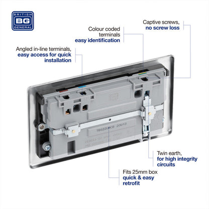 BG Brushed Steel 13A Black Insert Switched Socket + A & C Type USB 2 Gang + 2 USB (4.2A)