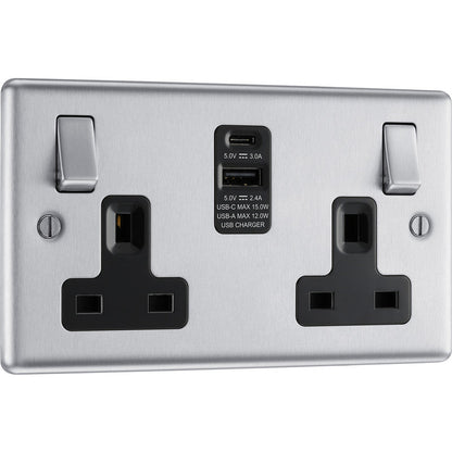 BG Brushed Steel 13A Black Insert Switched Socket + A & C Type USB 2 Gang + 2 USB (4.2A)