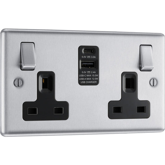 BG Brushed Steel 13A Black Insert Switched Socket + A & C Type USB 2 Gang + 2 USB (4.2A)