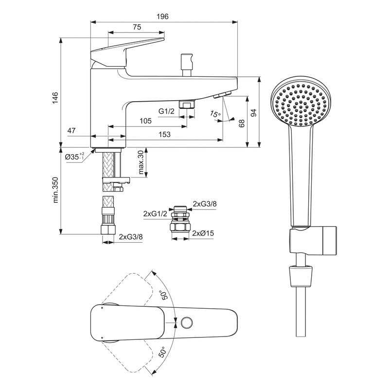 Ideal Standard Ceraplan Taps Bath Shower Mixer 1 Tap Hole