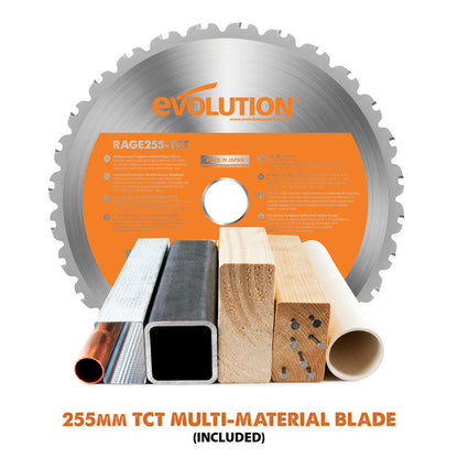 Evolution R255SMS-DB+ 255mm Multi-Material Double Bevel Sliding Mitre Saw Plus Pack 230V