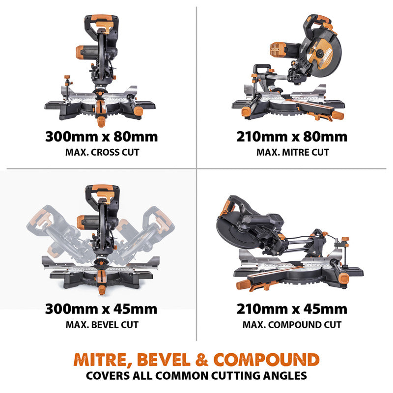 Evolution R255SMS-DB+ 255mm Multi-Material Double Bevel Sliding Mitre Saw Plus Pack 230V