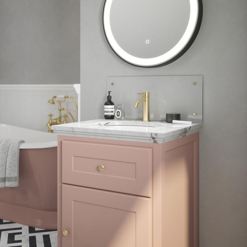 Splashback Clear Glass Bathroom Splashback 600 x 250mm With Brushed Brass Caps