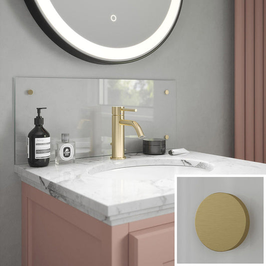 Splashback Clear Glass Bathroom Splashback 600 x 250mm With Brushed Brass Caps