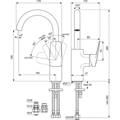 Ideal Standard Ceraplan Single Lever Spout Basin Mixer Tap Silk Black