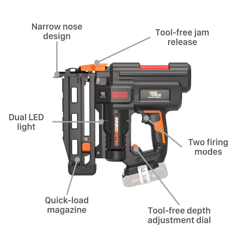 Worx Nitro 20V 16 Gauge Finish Nailer Body Only
