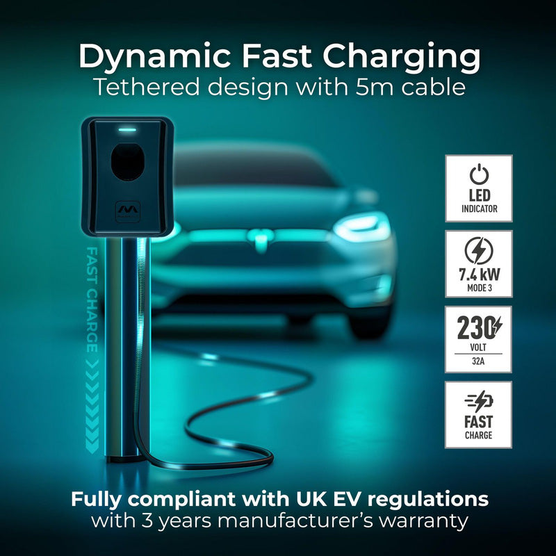 Masterplug EV Smart Wall Charger Type 2 Single Phase Tethered Mode 3 IP55 7.4kW 32A