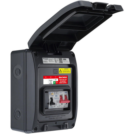 BG Sync Energy EV Charger Populated Consumer Unit 5 Way IP66 100A Main Switch 40A Bi-Directional RCBO Type 2 SPD