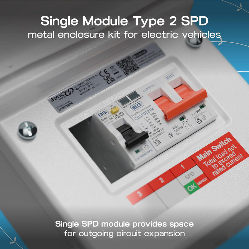BG Sync Energy EV Charger Populated Consumer Unit 5 Way IP20 100A Main Switch 40A RCBO Type 2 SPD