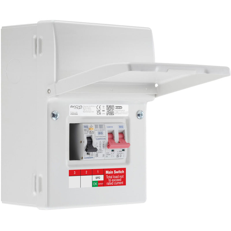 BG Sync Energy EV Charger Populated Consumer Unit 5 Way IP20 100A Main Switch 40A RCBO Type 2 SPD