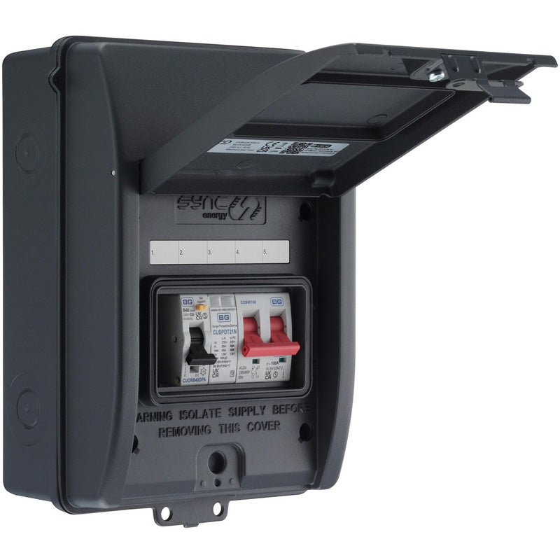 BG Sync Energy EV Charger Populated Consumer Unit 5 Way IP65 100A Main Switch 40A RCBO Type 2 SPD